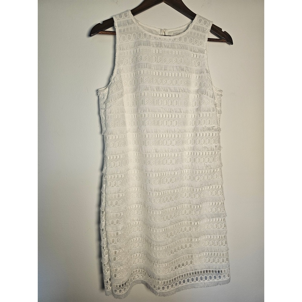 Preppy Sail to Sable Fringe Lace Shift Dress‎ Womens S White Sleeveless Tiered